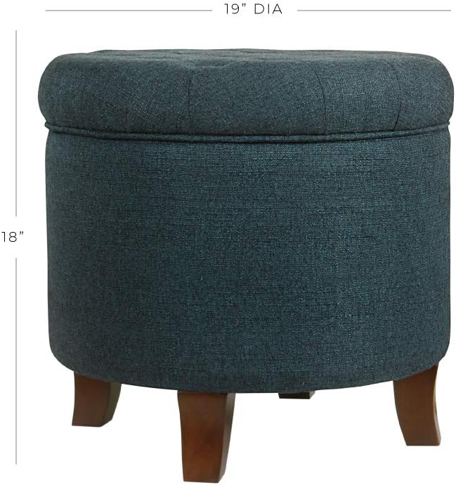 HomePop by Kinfine Fabric Upholstered Round Storage Ottoman - Velvet Button Tufted Ottoman with Removable Lid, Indigo Blue Woven-DeskLoop Office