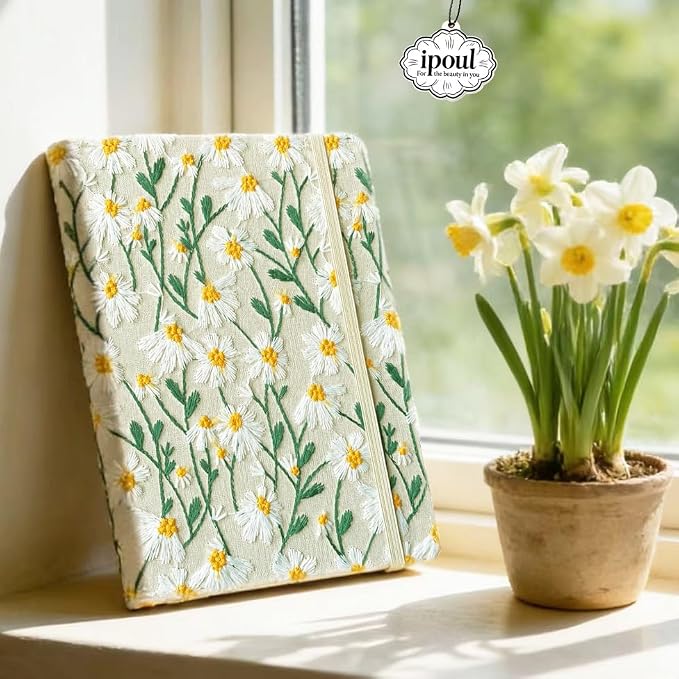 Daisy Gifts, Embroidered Journal, Floral Notebook, Wide Ruled Paper, Lay Flat - Image 9