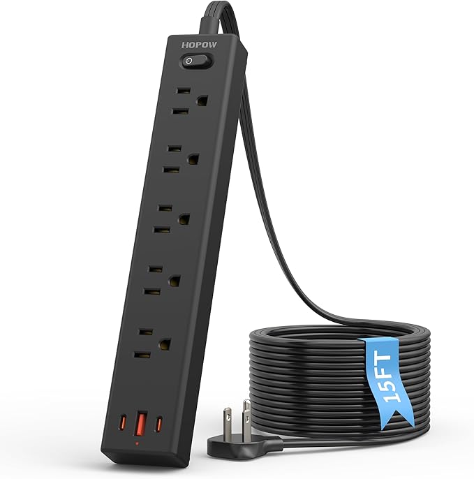 Flat Plug Power Strip, 15FT Ultra Thin Flat Extension Cord, Surge Protector with 5 Outlets & 3 USB Ports (2 USB C), 1700 Joules, 3-Prong, Wall Mount for Home Office Dorm, Black-DeskLoop Office