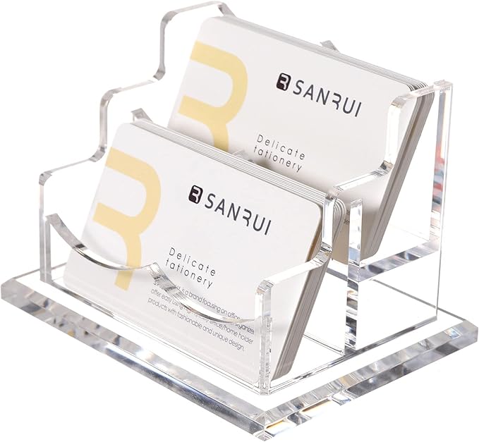 SANRUI Clear Horizontal Business Card Holder Stand for Desk, Acrylic Desktop Display Name Cards Holders Organizer Storage Rack,for Exhibition, Home , Office ,2 Tier 2 Pocket , 120 Card Capacity-DeskLoop Office
