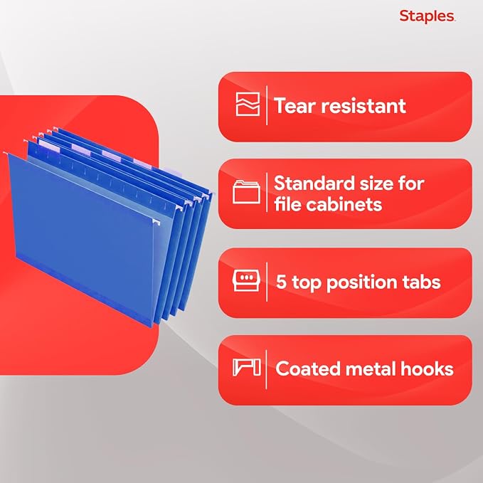 Staples Hanging File Folders, Letter Size, 1/5‑Cut Tabs, Includes Tabs & - Image 4