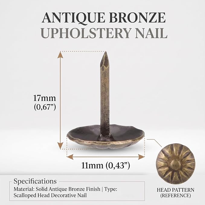 Bronze Upholstery Tacks, 7/16 Inch Antique Daisy Pattern Furniture Nails - Image 2