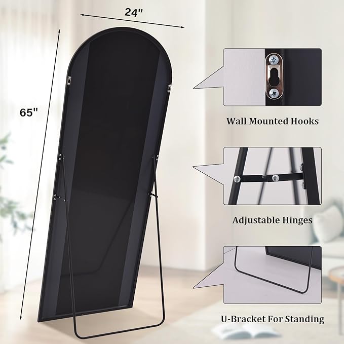 HARRITPURE 65"x24" Arched Full Length Mirror Free Standing & Wall-Mounted Full-Length Mirror with Stand Modern Black Mirror for Living Room Bedroom Cloakroom Aluminum Frame-DeskLoop Office
