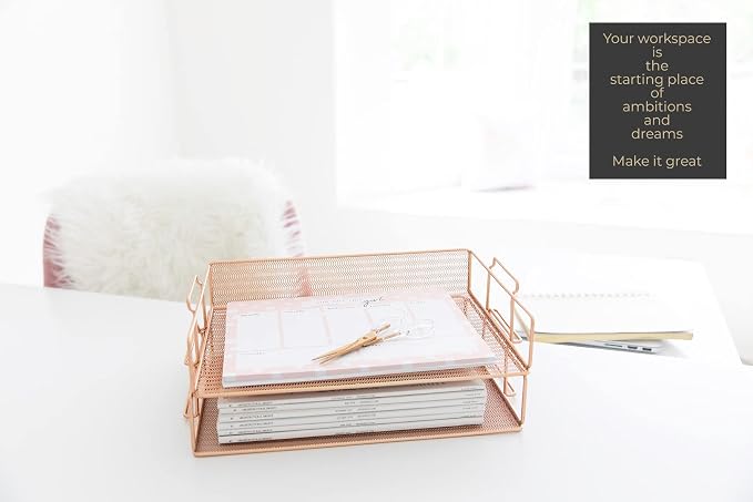 BLU MONACO | Rose Gold Mesh Paper Tray Set of 2 | Stackable Letter Trays - Image 2