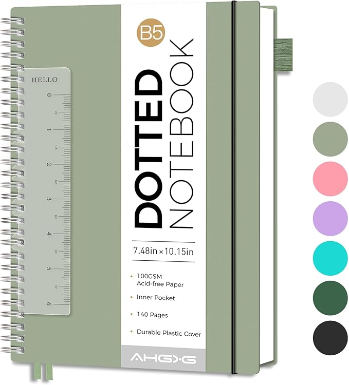 AHGXG Bullet Dotted Journal - Dot Grid Spiral Notebook B5, 140 Pages, 100 GSM Thick Paper, Waterproof Plastic Cover Journals for Bullet Journaling, Sketching, 7.6" x 10", Sage Green-DeskLoop Office