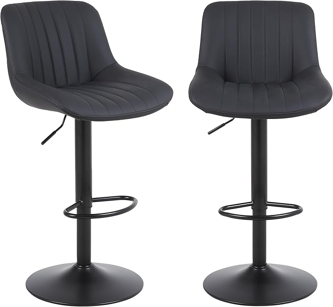 Bar Stools Set of 2, Swivel Counter Height Barstools with Back, Adjustable PU Leather Bar Chairs, Modern Armless Kitchen Island Stool, Black-DeskLoop Office