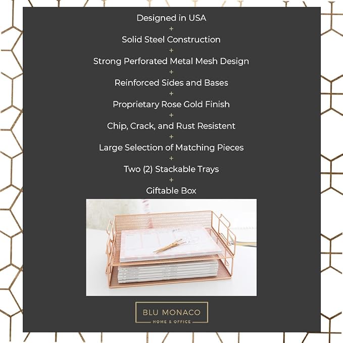 BLU MONACO | Rose Gold Mesh Paper Tray Set of 2 | Stackable Letter Trays - Image 3
