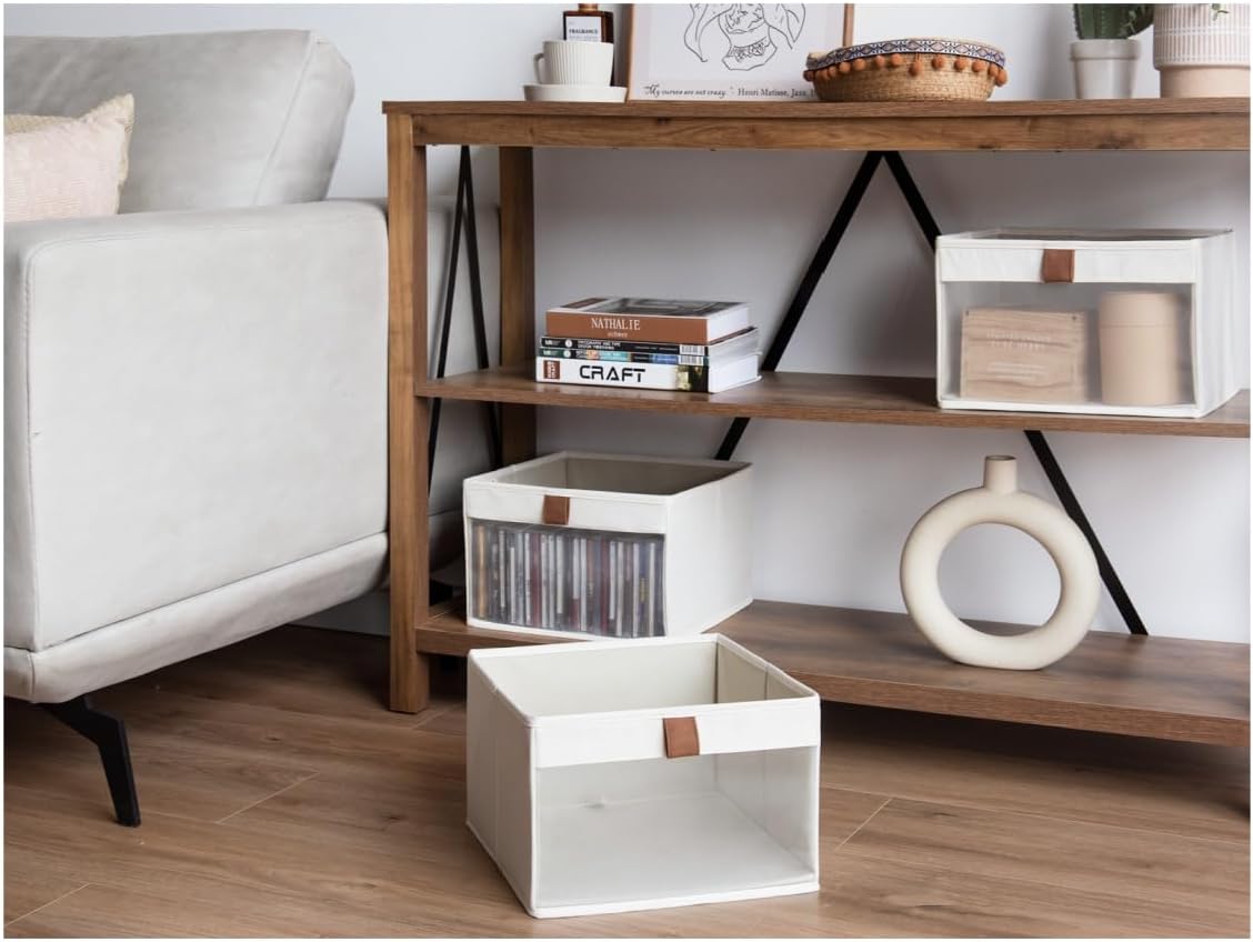 StorageWorks Closet Storage Bins, Storage Baskets with Clear Window and Handles, Foldable Fabric Organizer for Clothes, Shelves, Beige, 3 Pack-DeskLoop Office