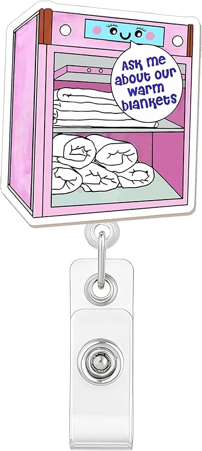 Funny Nurse Badge Reel, Ask Me About Our Warm Blankets by JAROLYDIAN