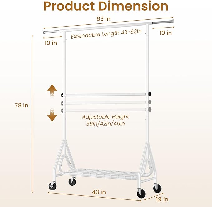 Double Rods Clothing Rack, Heavy Duty Clothes Rack for Hanging Clothes Load 560LBS, Metal Rolling Garment Racks with Wheels, Freestanding Clothes Hanging Racks, White-DeskLoop Office