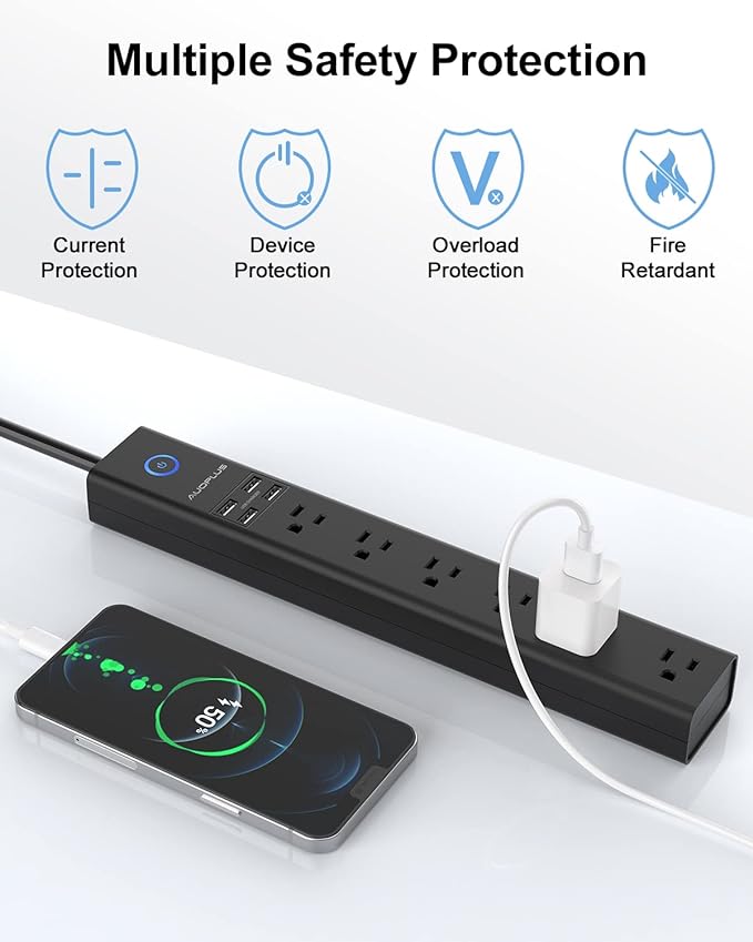 Surge Protector Power Strip with USB, AUOPLUS 10FT Outlet Strip, 6 Outlet and 4 USB Charger,[Flat Plug/Wall Mountable], 1250W/10A/2100J, Long Extension Cord for Computer iPhone Home Office Dorm-DeskLoop Office