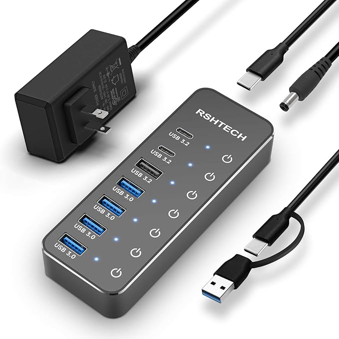RSHTECH 7-Port Powered USB 3.2/USB C Hub with 10Gbps USB-A 3.2, 2 USB-C 3.2, 4 USB 3.0 Ports, Individual Touch Switches, 3.3ft Cable and 5V Power Adapter, USB Hub Splitter for Laptop/PC, RSH-ST07C-DeskLoop Office