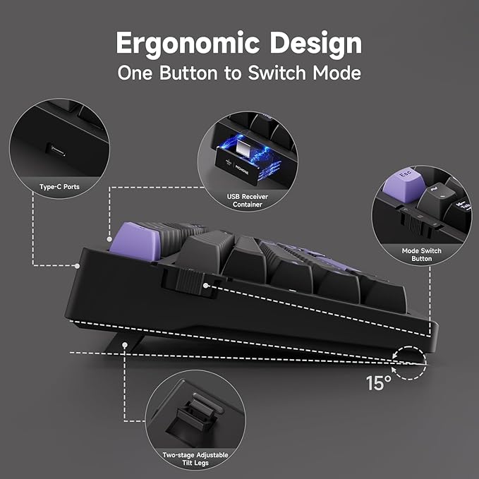 G98 PRO Wireless Mechanical Keyboard, Tri-Mode Connection Gaming Keyboard, Hot Swappable Custom Gasket Structure, Pre-lubed Linear Switches, Double Shot PBT Keycaps RGB LED Backlit Purple&Black-DeskLoop Office