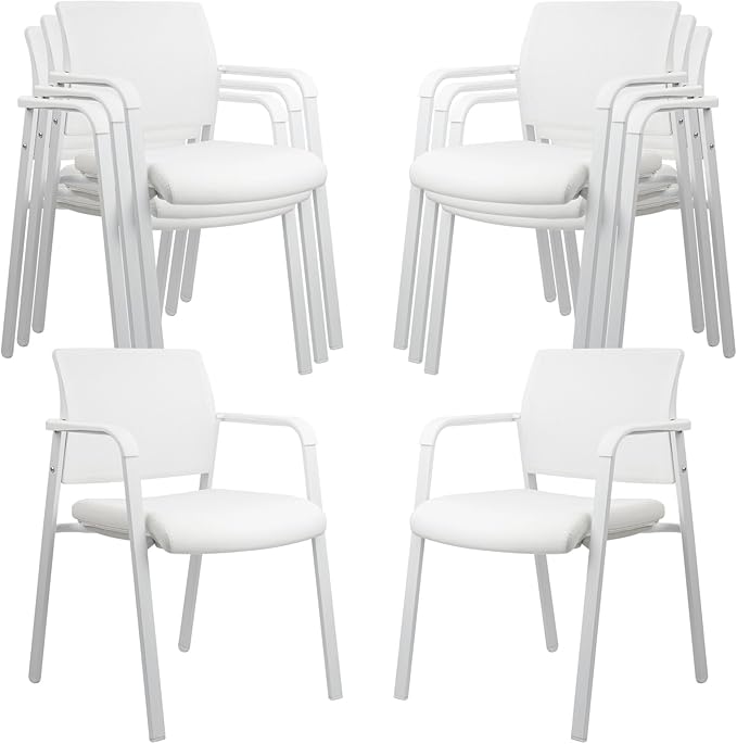 CLATINA Stacking Office Chairs | Mesh Back, Thicken Leather Seat and Arms, Ergonomic Lumber Support | Guest Reception, Waiting, Conference, School, Party, Customer, Side, Stationary | Set of 8, White-DeskLoop Office