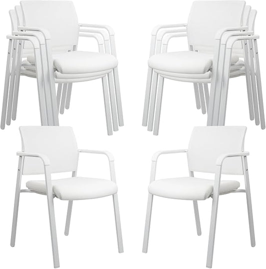 CLATINA Stacking Office Chairs | Mesh Back, Thicken Leather Seat and Arms, Ergonomic Lumber Support | Guest Reception, Waiting, Conference, School, Party, Customer, Side, Stationary | Set of 8, White-DeskLoop Office