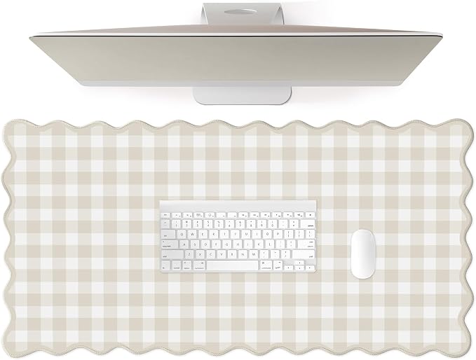 Scalloped‌ Beige Checkered Gingham Desk Mat Cute Pastel Large Mouse Pad Kawaii by Unknown