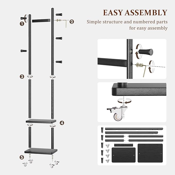 Coat Rack Freestanding Clothing Rack with Wheels & 2 Shelves Storage & 5 Hooks Heavy Duty Clothes Rack Wood Coat Tree Stand Hat Hanger Rack for Corner Bedroom Entryway Living Room Hotel-DeskLoop Office