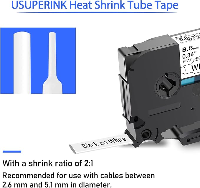 10PK Compatible for Ptouch HSe-221 HSe221 HS-221 HS221 Black on White 8.8mm 0.34'' Heat Shrink Tubing for Wire Cable for PT-D200 PT-D215e PT-D201 PT-D210 Label Maker Tape