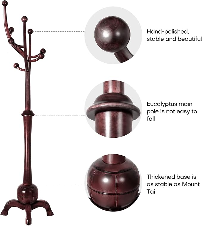 Coat Rack Freestanding Wood Tree Rack with 8 Hooks, Creative Design Tree Branch-look, Coat Tree Clothes Hanger Stand with Stable Sphere Base for Entryway, Hallway, Bedroom (Wine Red)-DeskLoop Office