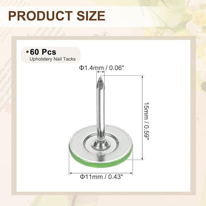 uxcell 60Pcs Upholstery Tacks, 11mmx15mm Flat Head Thumb Tack Decorative Furniture Nails Push Pins for Furniture Sofa Headboards, Light Green