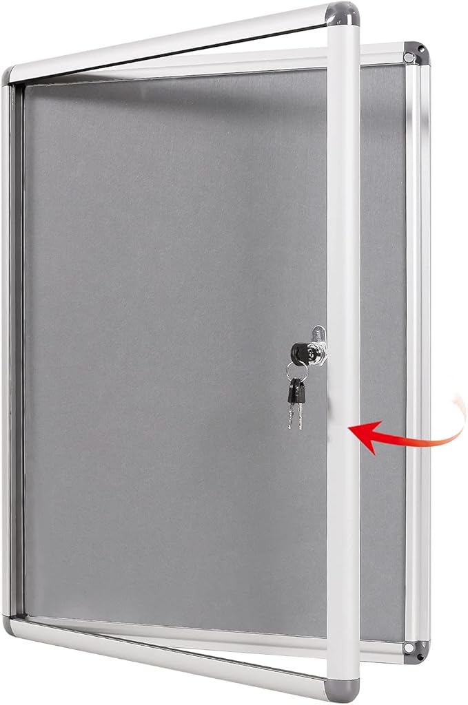 SWANCROWN Enclosed Bulletin Board Lockable Noticeboard Case with Aluminium Frame,Grey Felt, 20x14inch (2xA4)-DeskLoop Office