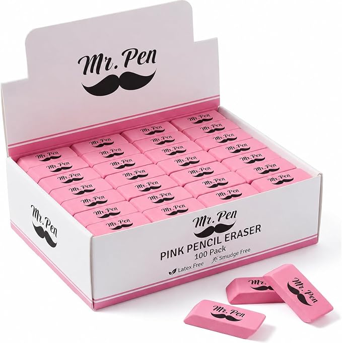 Mr. Pen- Pink Pencil Eraser, 100 Pack, Large Latex Free Block Erasers by MrPen