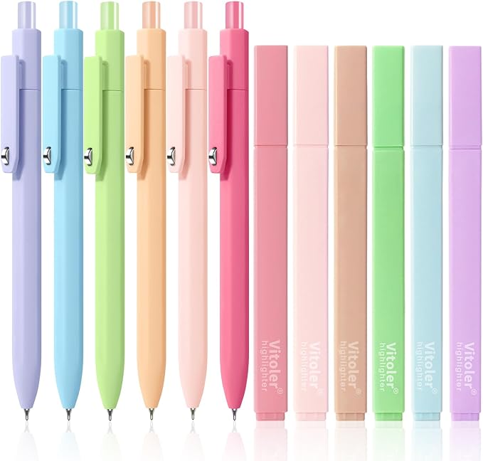 Piochoo Aesthetic Highlighters and Gel Pens, 12 Pack, 0.5mm Black Ink Pens by Piochoo