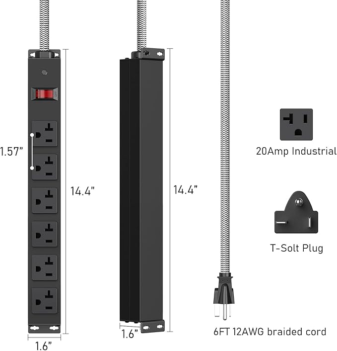 HEZI 20 Amp Power Strip with 5-20P/T- Plug, Heavy Duty High Amp Metal Surge Protector, Mountable Industrial Power Strip with 6AC Outlets(5-20R) and Circuit Breaker, 6FT 12AWG Extension Cord-DeskLoop Office