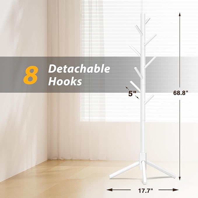 Wooden Coat Rack, Free Standing Coat Rack with 8 Hooks 3 Adjustable Heights for Clothes, Hats, Handbags, Coat Tree Easy Assembly for Entryway, Bedroom, Hallway, Office (New White)-DeskLoop Office