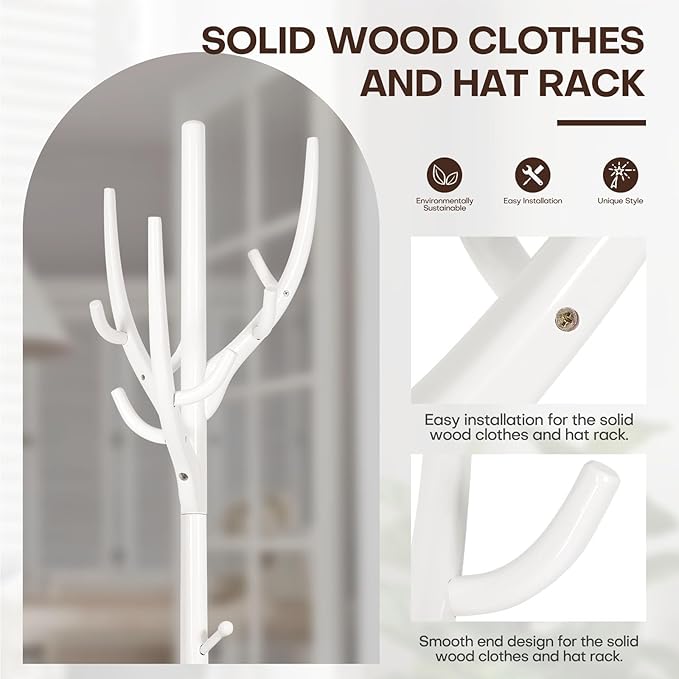 Coat Rack Freestanding, Wooden Coat Rack Stand with 16.5" Round Base, Tree Branch-look, 72" Coat Tree Standing Heavy Duty Clothes Hanger with 12 Hooks for Corner Entryway, White-DeskLoop Office
