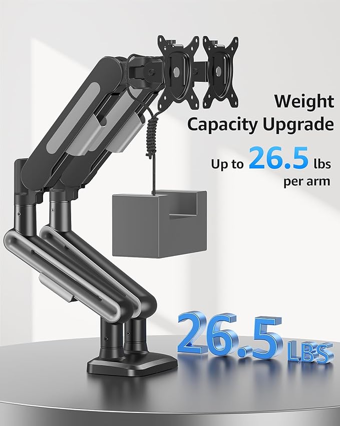 MOUNTUP Dual Monitor Mount Holds 4.4-26.5lbs, Heavy Duty Monitors Arm for 39 37 34 32 27inch, Gas Spring Monitor Stand for 2 Monitor, Height Adjustable Monitors Desk Mount with C-Clamp＆Grommet Base-DeskLoop Office