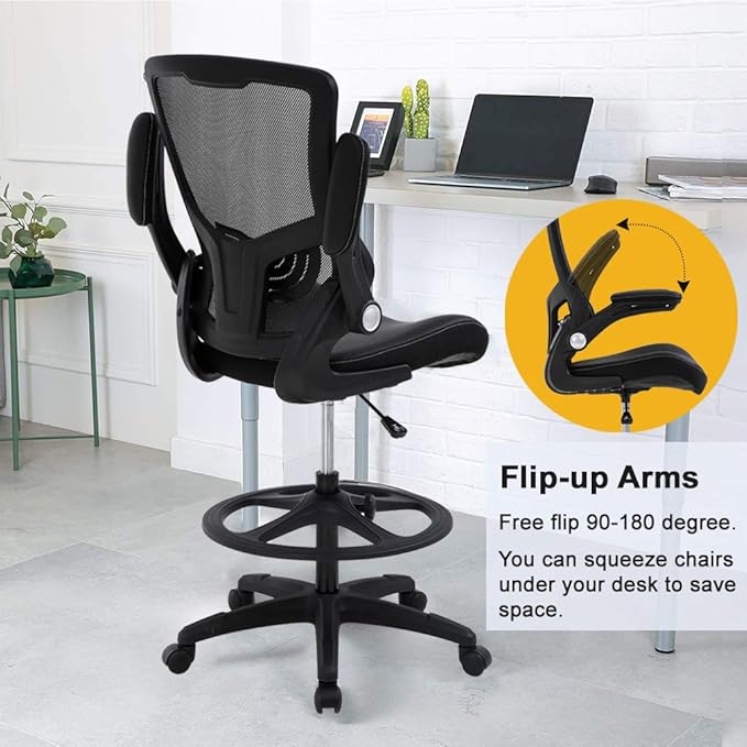 Drafting Chair Ergonomic Tall Office Chair Standing Desk Chair with Flip Up Arms Foot Rest Back Support Adjustable Height Mesh Drafting Stool, Black-DeskLoop Office