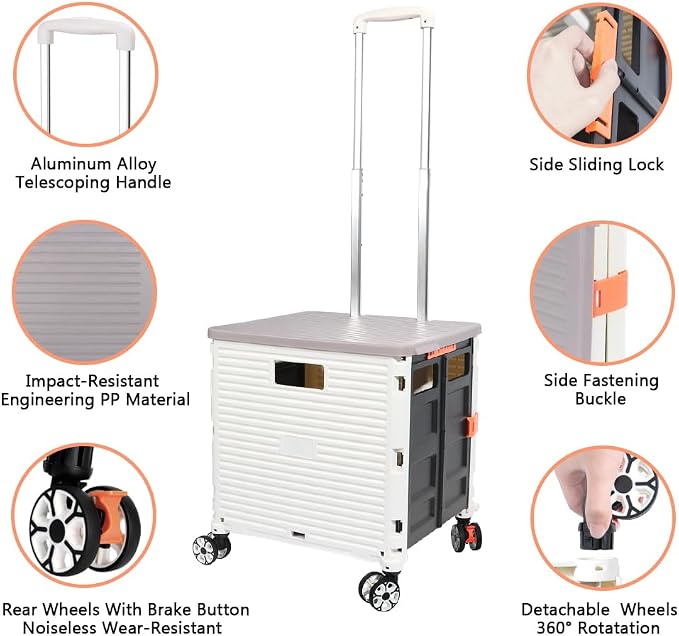 FELICON SELORSS Foldable Utility Cart Folding Portable Rolling Crate-White | - Image 2