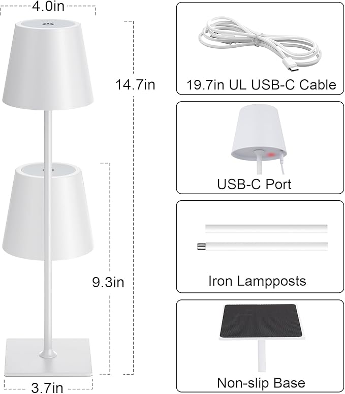 Kakanuo White Gold Cordless Rechargeable Table Lamp 5000mAh Battery Operated - Image 5