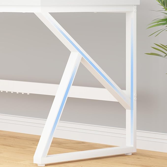 HSH 70 Inch Long White Computer Desk, Modern Large Executive Work Writing Study Gaming Desk for Home Office, Industrial Metal Wooden Two Person Desk Dual Monitor Workstation in Bedroom Living Room-DeskLoop Office