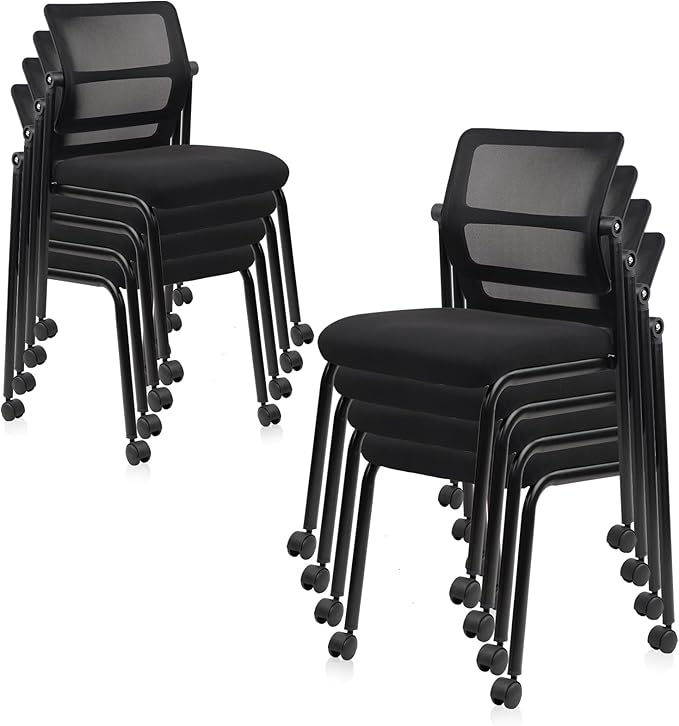CLATINA Stacking Chairs 8 PK, Adjustable Backrest Stackable Mesh Office Waiting Room Armless Chair with Wheels for Guest Reception Conference Lobby Side School, Black-DeskLoop Office