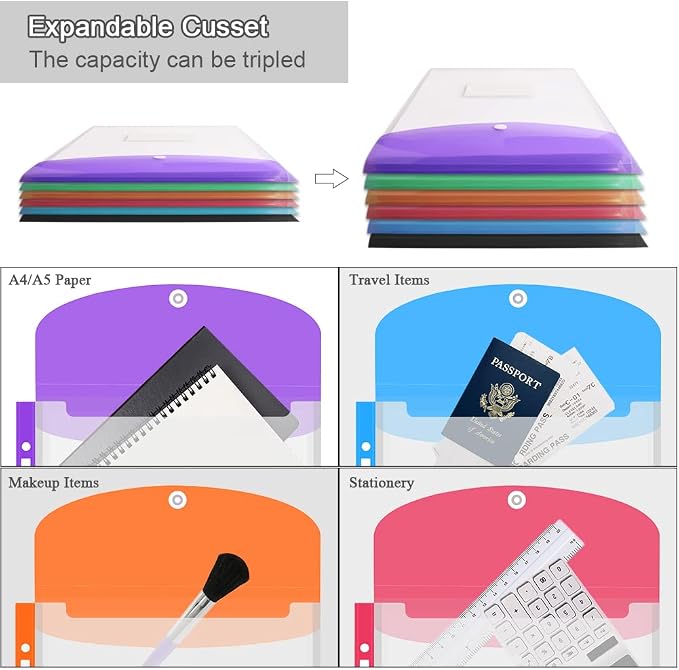 12 Pack Plastic Envelopes Binder Pocket 11 Holes Expandable Binder Folders - Image 3