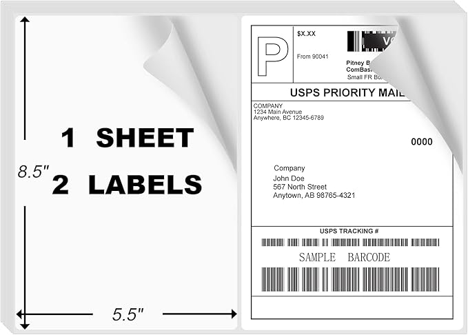 8.5" x 5.5" Half Page Self Adhesive Shipping Label, Compatible Laser & Inkjet Printers, White, 2 Labels Per Sheet(4000 Sheet Total 8000 Labels)-DeskLoop Office