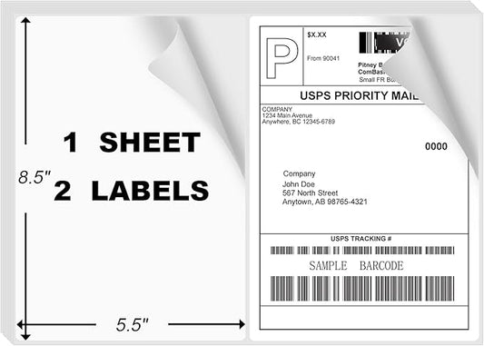8.5" x 5.5" Half Page Self Adhesive Shipping Label, Compatible Laser & Inkjet Printers, White, 2 Labels Per Sheet(4000 Sheet Total 8000 Labels)-DeskLoop Office
