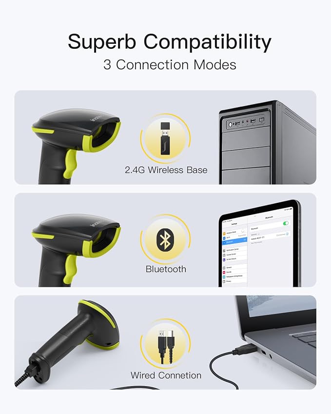 Inateck 2D Barcode Scanner, Wireless Bluetooth QR Barcode Scanner, Handheld - Image 4