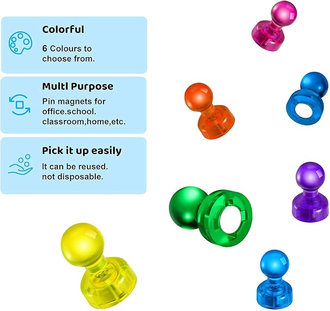 60 PCS Colorful Strong Magnetic Push Pin Magnets, Office Classroom Magnets,6 Assorted Color, Perfect to use as Kitchen Home and School, Map Magnets,Whiteboard Magnets-DeskLoop Office