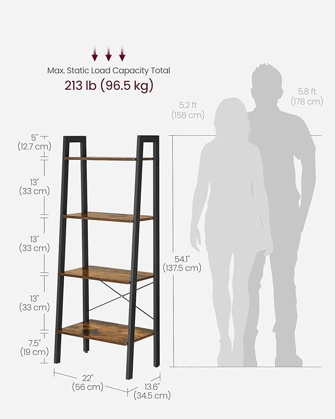 VASAGLE Ladder Shelf, 4-Tier Bookshelf, Storage Rack, Bookcase with Steel Frame, for Living Room, Home Office, Kitchen, Bedroom, Industrial Style, Rustic Brown and Ink Black ULLS44X-DeskLoop Office