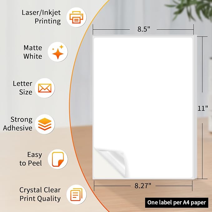 Printable Sticker Paper 8.5 x 11 Full Sheet Labels, 500 Sheets Matte Self - Image 2