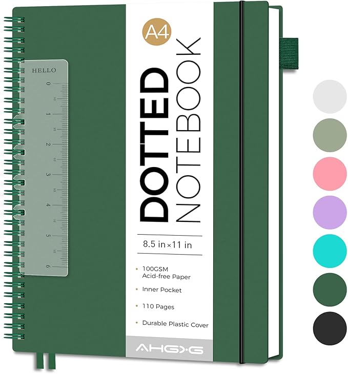 AHGXG Bullet Dotted Journal - Dot Grid Spiral Notebook 8.5" x 11", A4 Large Dotted Notebook, 100 GSM Thick Paper, Waterproof Plastic Cover Journals for Bullet Journaling, Sketching, Green-DeskLoop Office