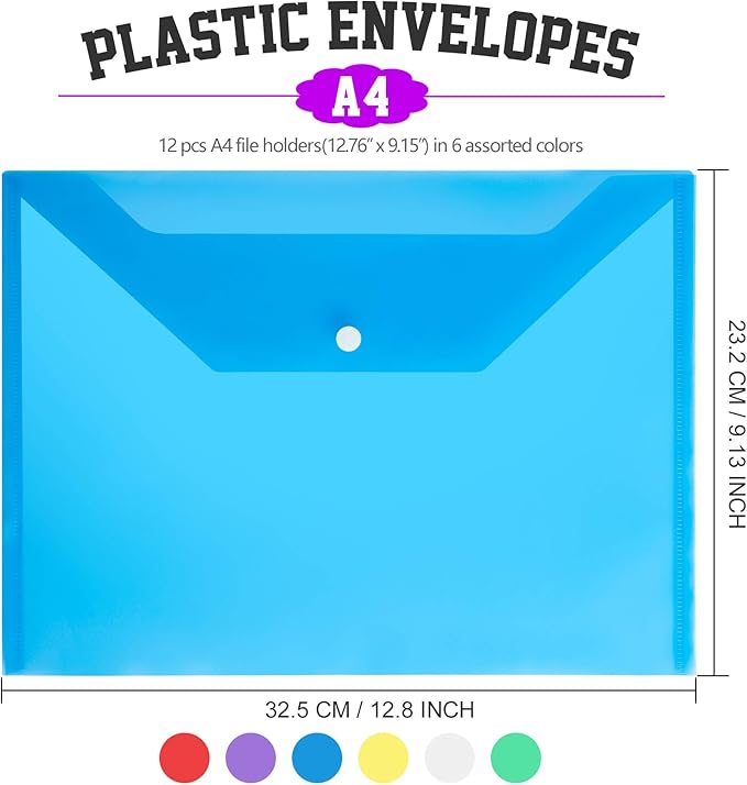 LEOBRO Plastic File Folders, 12 PCS Plastic Folders for Document, A4 Size Plastic Envelopes with Snap Closure, Clear File Folders Document Folders File Bags for School Office, Filling Product