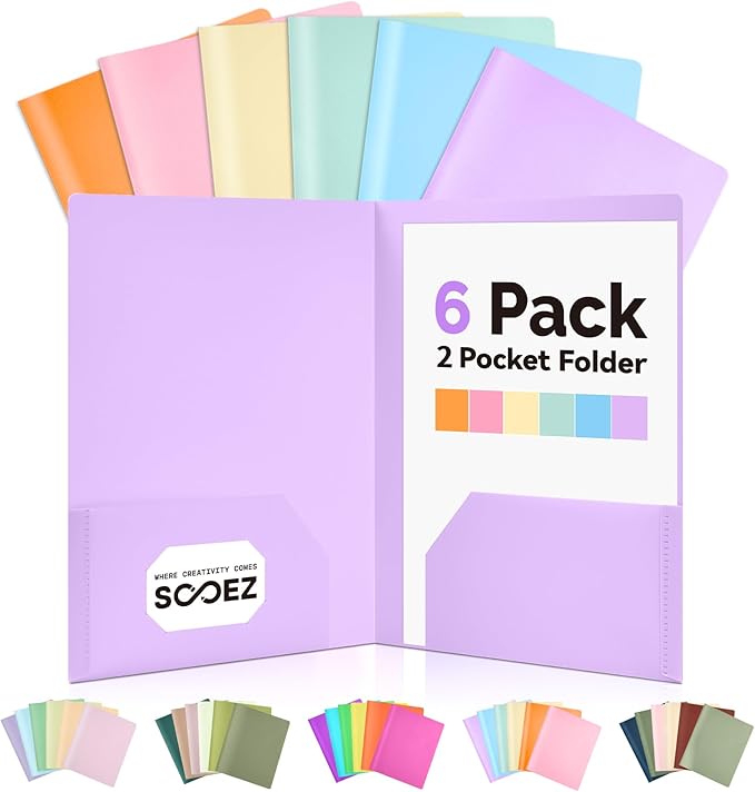 Sooez 6Pack Folders with Pockets, Pocket Folders with Extra Labels, Plastic by Sooez