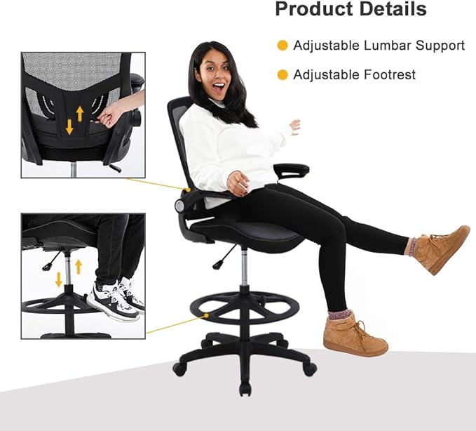 Drafting Chair Ergonomic Tall Office Chair Standing Desk Chair with Flip Up Arms Foot Rest Back Support Adjustable Height Mesh Drafting Stool, Black-DeskLoop Office