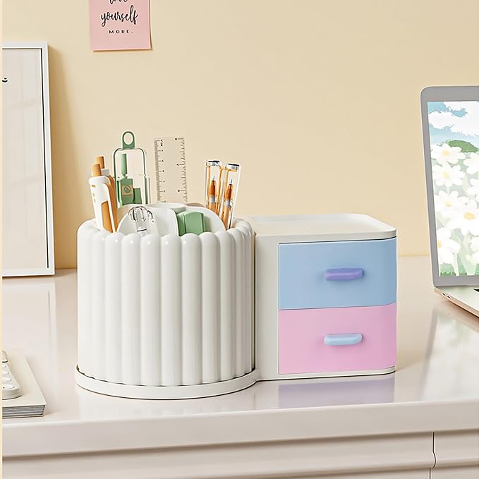 Anyoifax 360 Rotating Makeup Brush Holder 7 Slots Makeup Organizer with Drawer Removable Spinning Cosmetic Storage Pen Holder for Vanity, Dresser, Desk, Colorful-DeskLoop Office