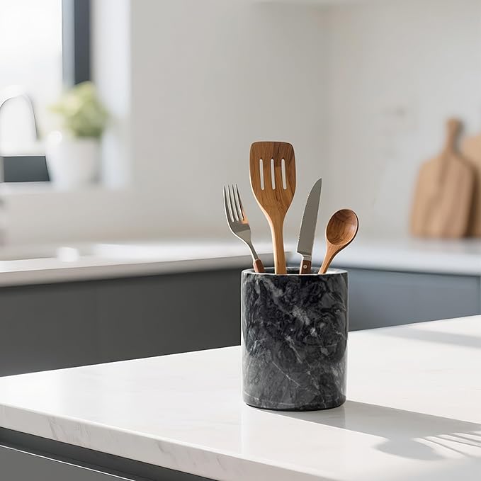 WORHE Pen Holder Stand Italy Natural Premium True Marble Makeup Brush Holders, Tableware Organizer Desk Pencil Cup for Home Office School Decor Dark Grey (DL012)-DeskLoop Office