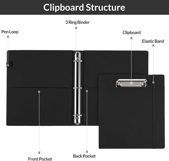SKYDUE 3 Ring Binder with Clipboard, 13.2" × 10.2" Faux Leather 1 Inch Binder - Image 5